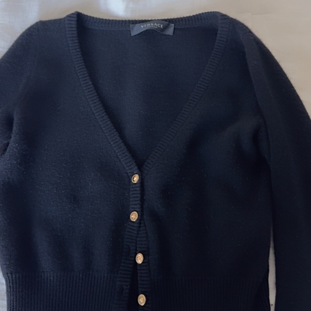 Versace Women's Black Cardigan V-Neck  with 5 Gold Medusa  Buttons . - Picture 3 of 12